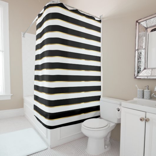 Elegant Stripe Black Gold White Douchegordijn (In situ)