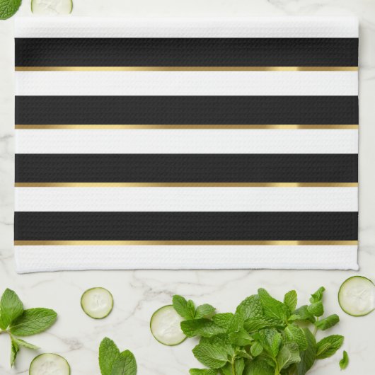 Elegant Stripe Black Gold White Theedoek (Gevouwen)