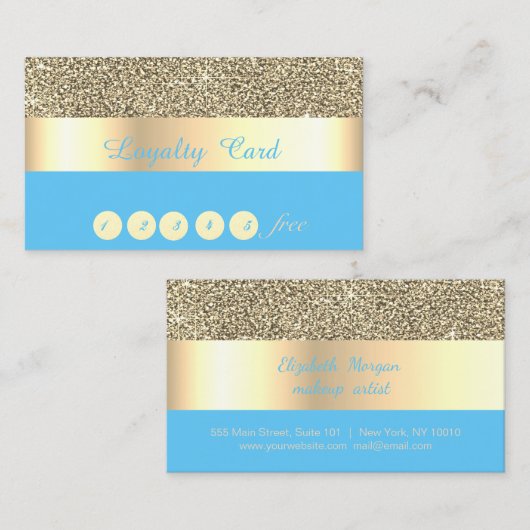 Elegant, Stripe, Blue, Gold Glitter Loyalty Card (Voorkant / Achterkant)