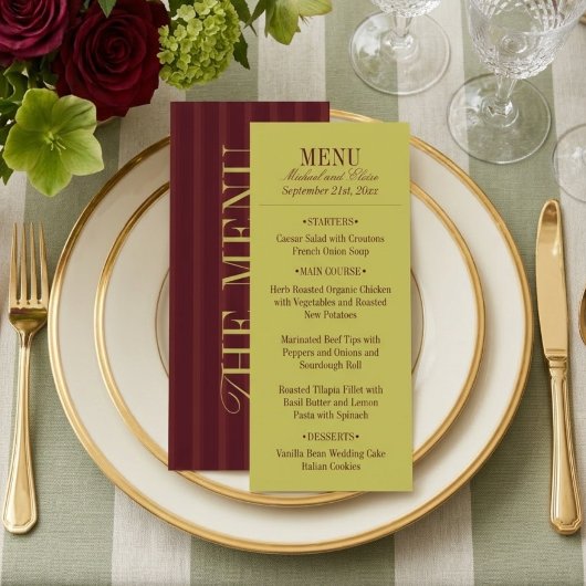 Elegant Stripe Chartreuse Burgundy Wedding Dinner Menu