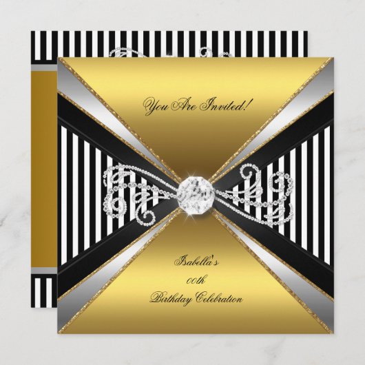 Elegant Stripe Gold White Silver Birthday Kaart (Voorkant / Achterkant)