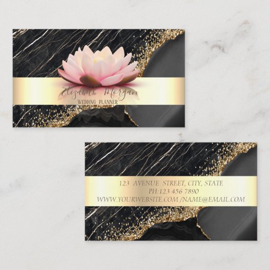 Elegant Stripe Lotus Black Marble Gold Sequins Visitekaartje (Voorkant / Achterkant)