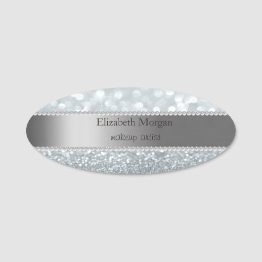 Elegant Stripe, Pearls, Silver Glitter Bokeh Naamplaatje (Voorkant)