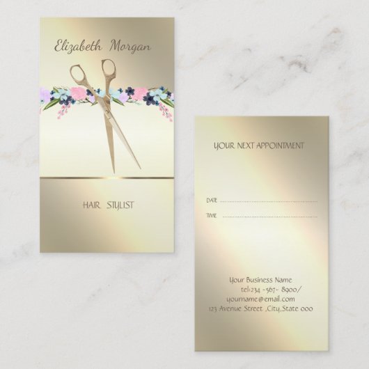 Elegant, Stripe, Scissors, Flowers Appointcard Aanbevelingskaartje (Voorkant / Achterkant)