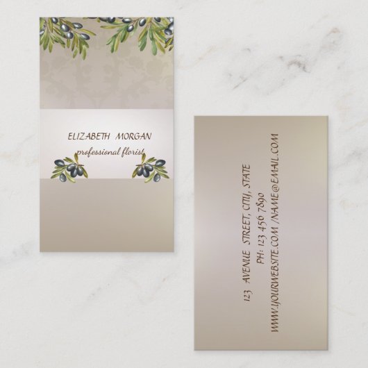 Elegant Stripe Waterverf Olive Branches Visitekaartje (Voorkant / Achterkant)