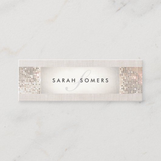 Elegant Striped Beige, FAUX Silver Sequin Monogram Mini Visitekaartje (Voorkant)