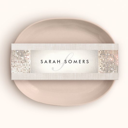Elegant Striped Beige, FAUX Silver Sequin Monogram Mini Visitekaartje