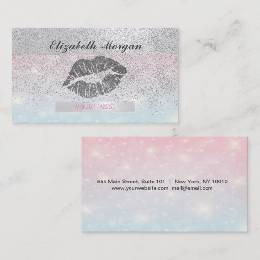 Elegant striped, Glitter Lips Silver Confetti Visitekaartje (Voorkant / Achterkant)