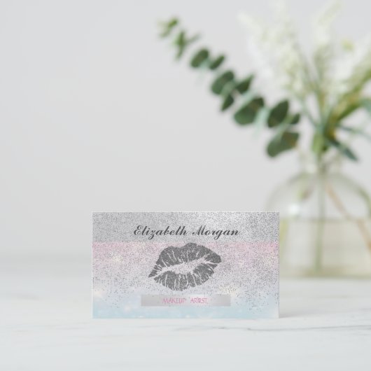 Elegant striped, Glitter Lips Silver Confetti Visitekaartje (Staand voorkant)