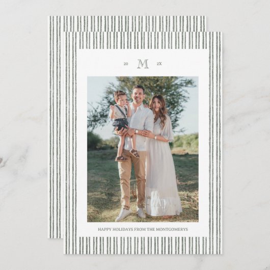 Elegant Striped Linen Custom Photo Holiday Card Kaart (Voorkant / Achterkant)