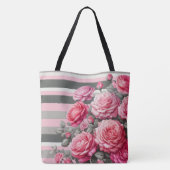 Elegant Striped Pink and Grey with Roses Tote Bag (Achterkant)