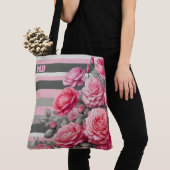 Elegant Striped Pink and Grey with Roses Tote Bag (Dichtbij)