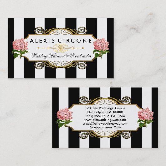 Elegant Stripes |Gold Hydrangea Wedding Planner Visitekaartje (Voorkant / Achterkant)