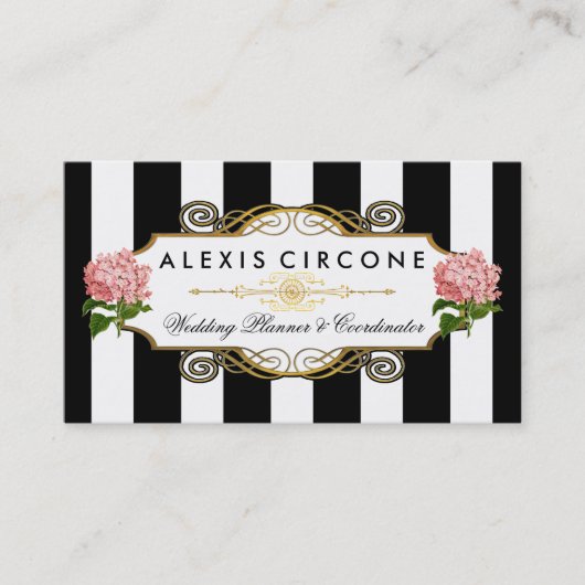 Elegant Stripes |Gold Hydrangea Wedding Planner Visitekaartje (Voorkant)