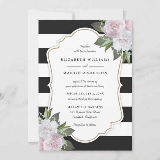 Elegant Stripes Pink Floral Wedding Invitations Kaart (Voorkant)