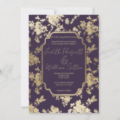 Elegant Style Dark Purple Gold Floral Wedding Kaart (Voorkant)