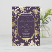 Elegant Style Dark Purple Gold Floral Wedding Kaart (Staand voorkant)