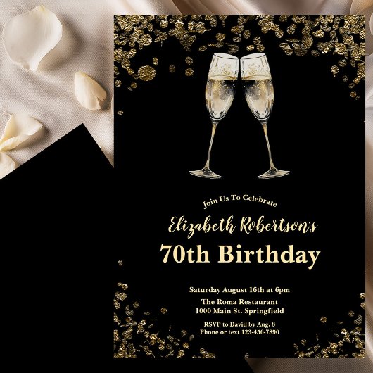 Elegant Stylish Black and Gold 70th Birthday  Kaart