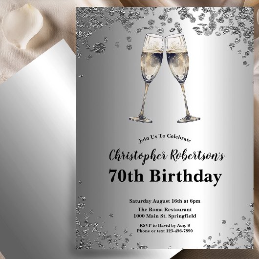 Elegant Stylish Black and Silver 70th Birthday  Kaart
