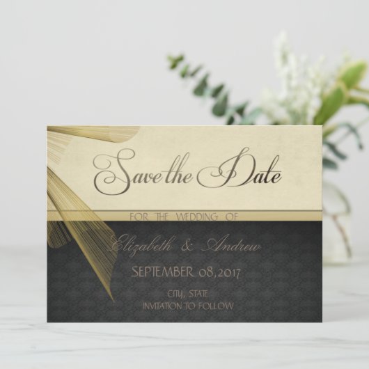 Elegant Stylish Black Damask Wedding Save the date (Staand voorkant)