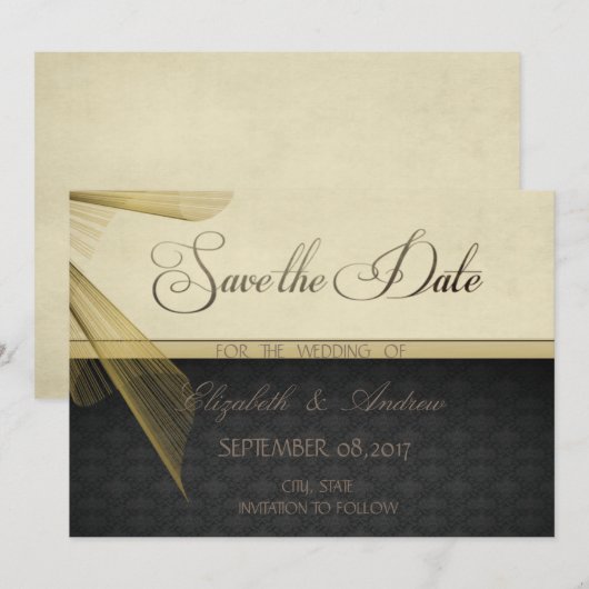 Elegant Stylish Black Damask Wedding Save the date (Voorkant / Achterkant)