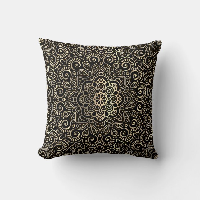 Elegant Stylish Black Gold Mandala Kussen (Voorkant)