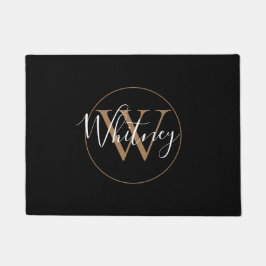 Elegant Stylish Black Gold Monogram Script Name Deurmat