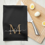Elegant Stylish Black Gold Monogram Script Name Theedoek<br><div class="desc">Modern stijlvol elegant zwart goudmonogram,  keukenhanddoek</div>
