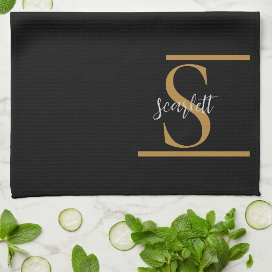 Elegant Stylish Black Gold Monogram Script Name Theedoek (Gevouwen)