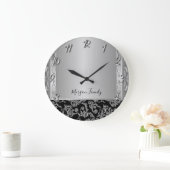 Elegant Stylish Black Silver Swirls Grote Klok (Huis)