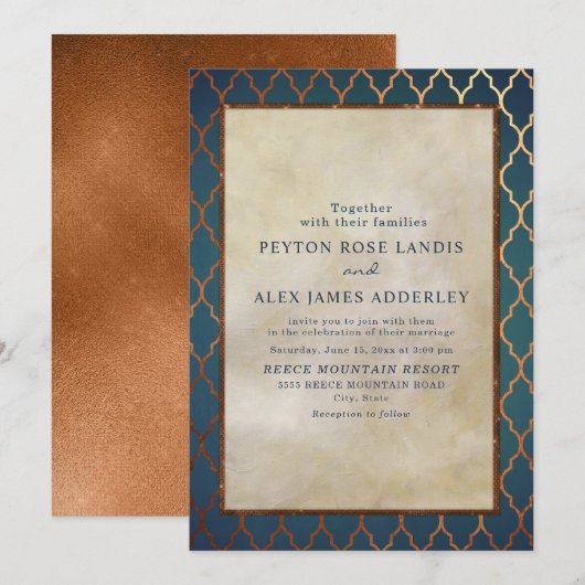 Elegant Stylish Blauwgroen Copper Wedding Invite Kaart (Voorkant / Achterkant)