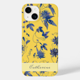 Elegant Stylish Blue Flowers Mustard Yellow Floral Case-Mate iPhone 14 Hoesje