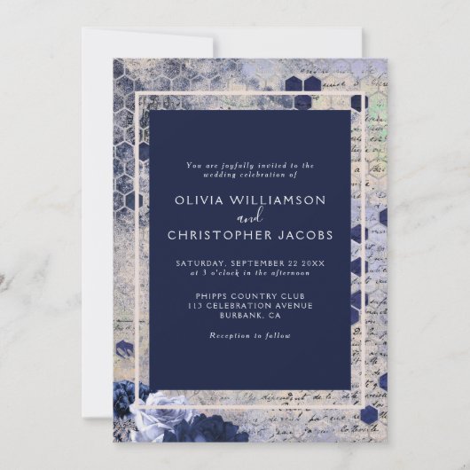 Elegant Stylish Blue Honeycomb Floral Wedding Kaart (Voorkant)