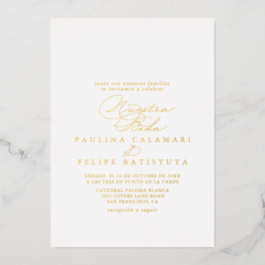 Elegant Stylish Calligraphy Nuestra Boda Gold Folie Uitnodiging (Voorkant)