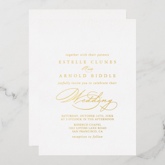 Elegant Stylish Calligraphy Wedding Gold Folie Uitnodiging (Voorkant / Achterkant)