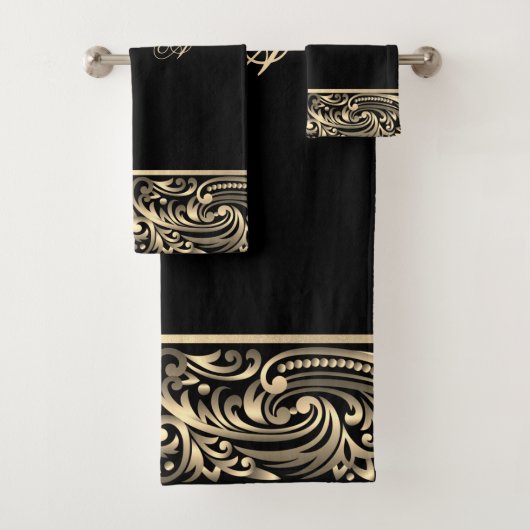 Elegant Stylish Chic Black Gold Swirls Monogram Bad Handdoek (Insitu)