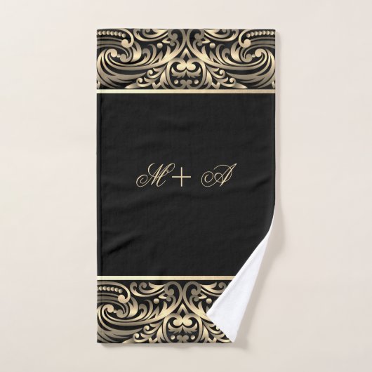 Elegant Stylish Chic Black Gold Swirls Monogram Bad Handdoek (Handdoek)