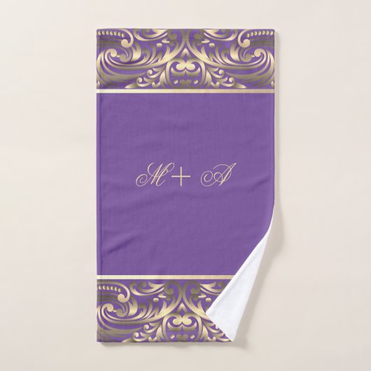 Elegant Stylish Chic Gold Swirls Monogram Violet Bad Handdoek (Handdoek)
