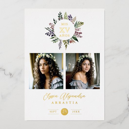 Elegant Stylish CIrcular Shape Mis XV años Floral  Folie Uitnodiging (Voorkant)