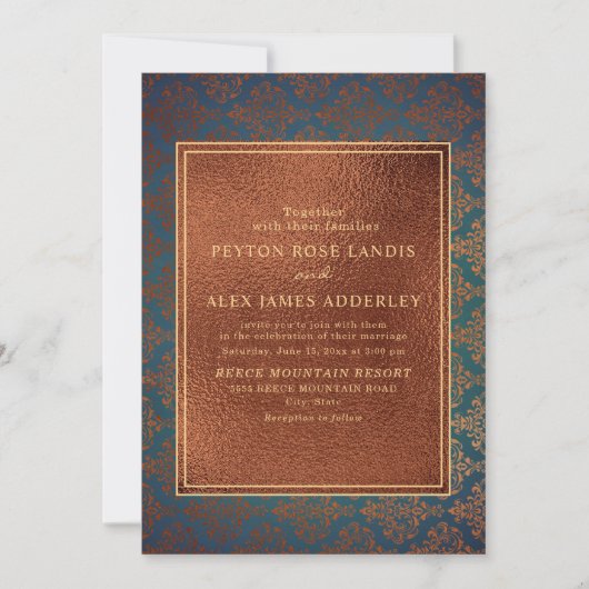 Elegant Stylish Copper Blauwgroen Damask Wedding I Kaart (Voorkant)