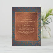 Elegant Stylish Copper Blauwgroen Damask Wedding I Kaart (Staand voorkant)