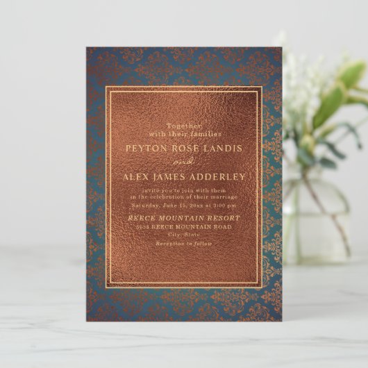 Elegant Stylish Copper Blauwgroen Damask Wedding I Kaart (Staand voorkant)