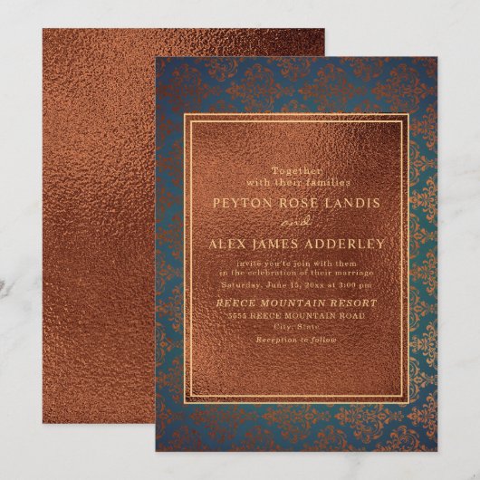 Elegant Stylish Copper Blauwgroen Damask Wedding I Kaart (Voorkant / Achterkant)