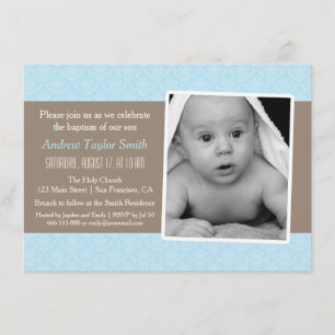 Elegant Stylish Damask Photo Baptism Invitations Kaart