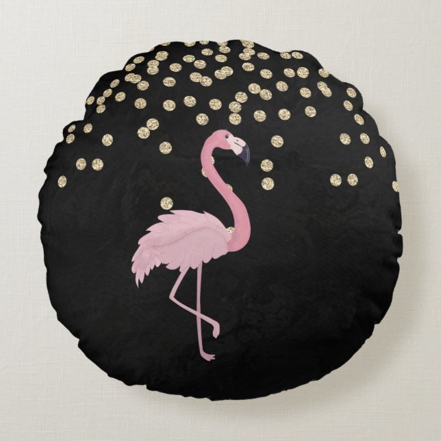 Elegant Stylish Gold Diamonds Roze Flamingos Rond Kussen (Voorkant)