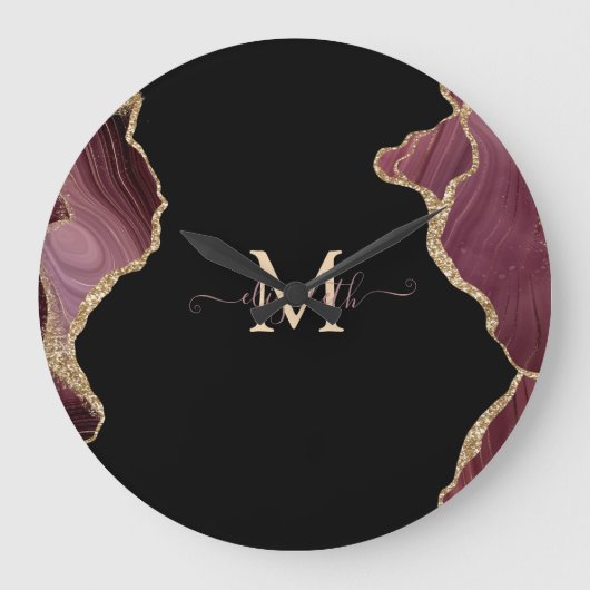 Elegant Stylish Gold Glitter Burgundy Agate Grote Klok (Voorkant)