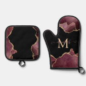 Elegant Stylish Gold Glitter Burgundy Agate Ovenwant & Pannenlap Set (Voorkant)