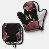 Elegant Stylish Gold Glitter Burgundy Agate Ovenwant & Pannenlap Set (Voorkant / Achterkant)