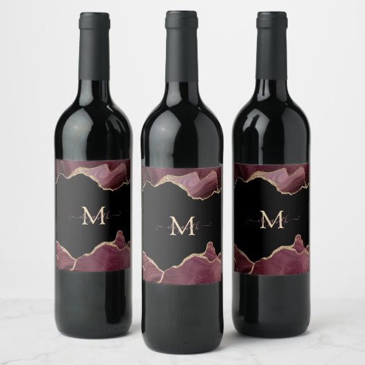 Elegant Stylish Gold Glitter Burgundy Agate Wijn Etiket (Flessen)