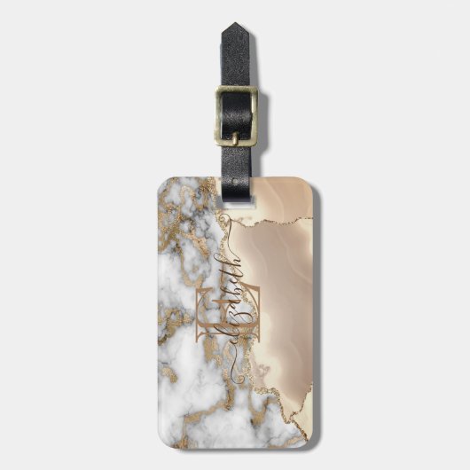 Elegant Stylish Gold Glitter Cream Marble Monogram Bagagelabel (Voorkant verticaal)